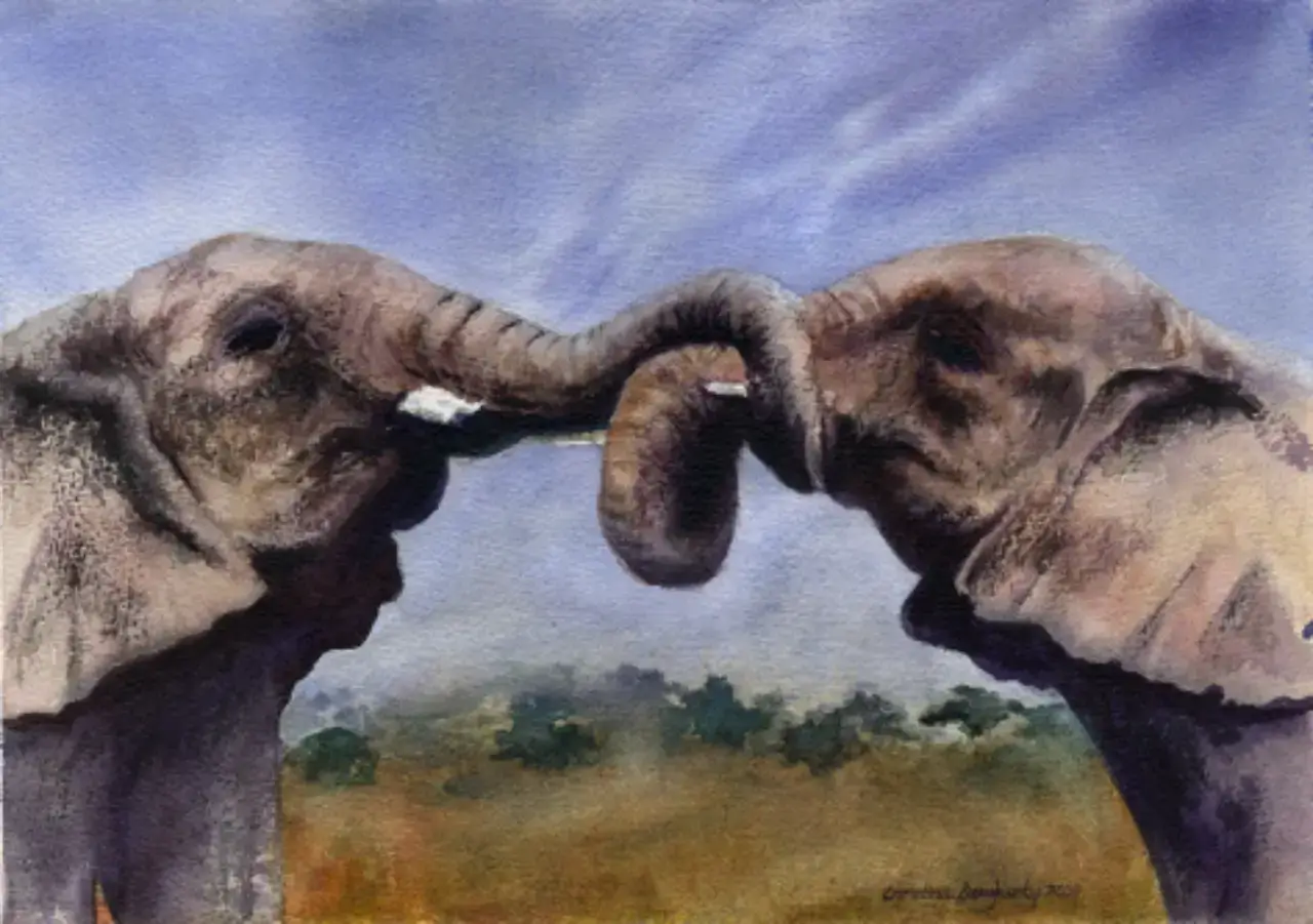 Two elephants touching trunks, watercolor painting.