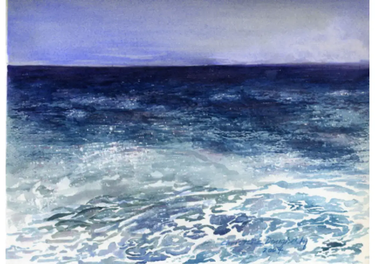Ocean waves under a purple-hued sky.
