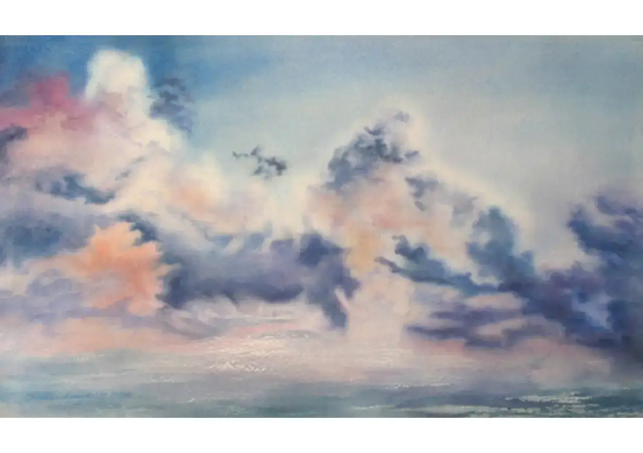 Colorful clouds in a serene sky painting.