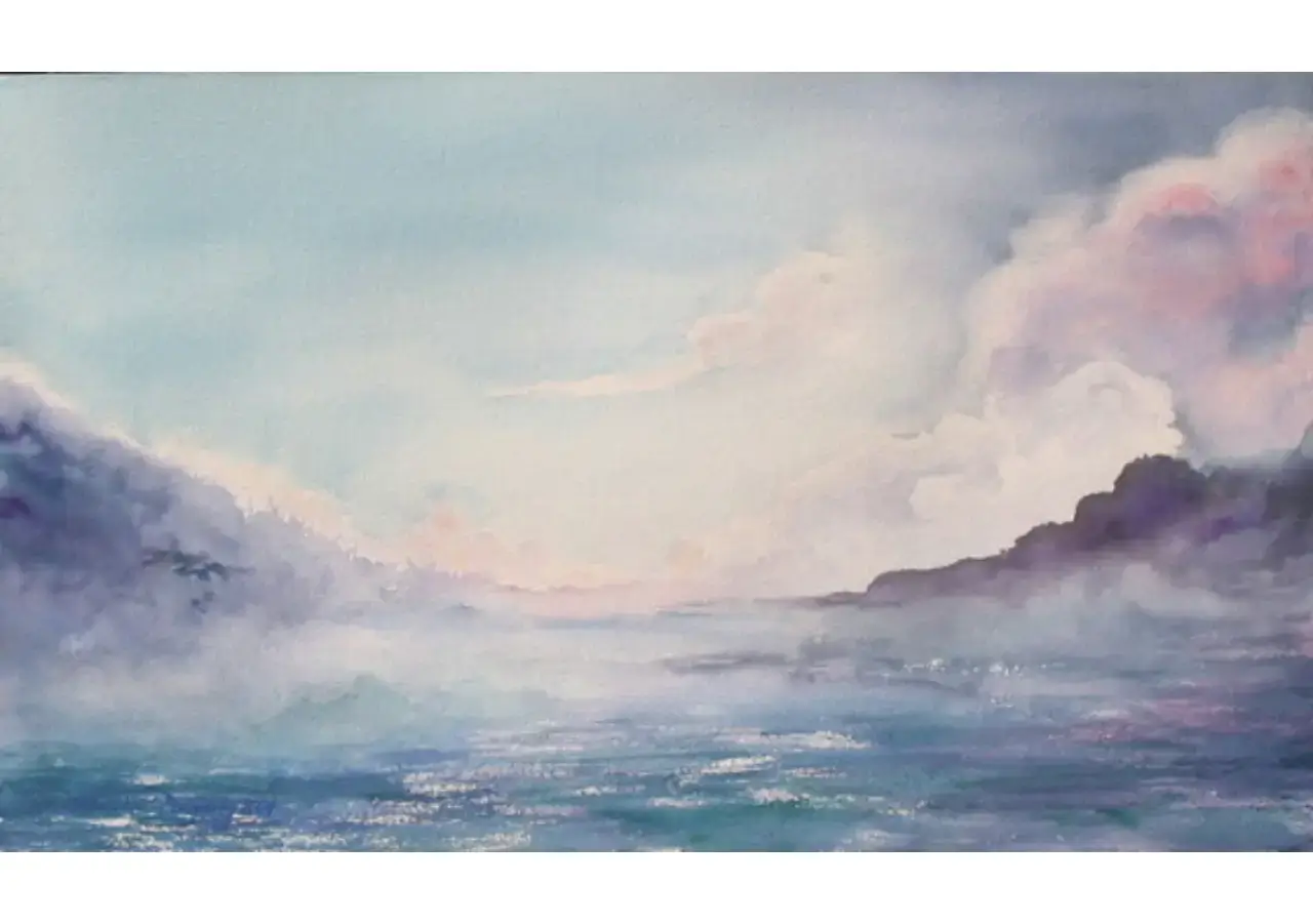 Misty seascape with cloudy sky painting.