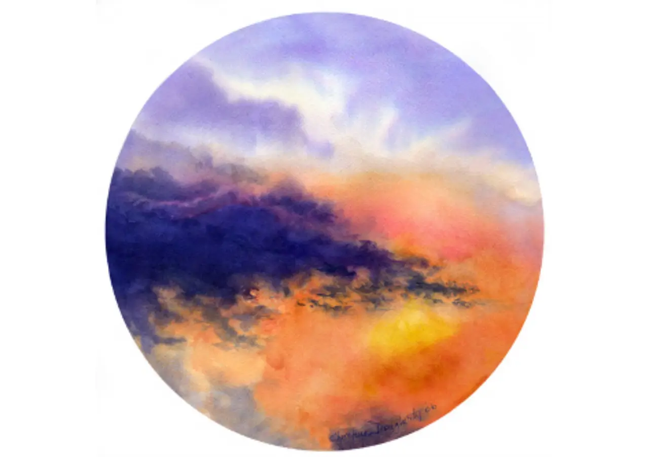 Colorful circular watercolor depicting a cloudy sky.