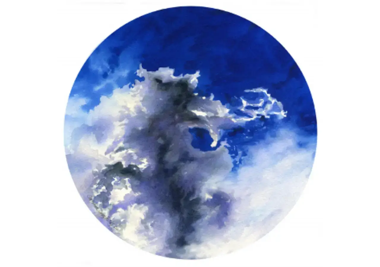 Abstract cloud art in a circular frame.