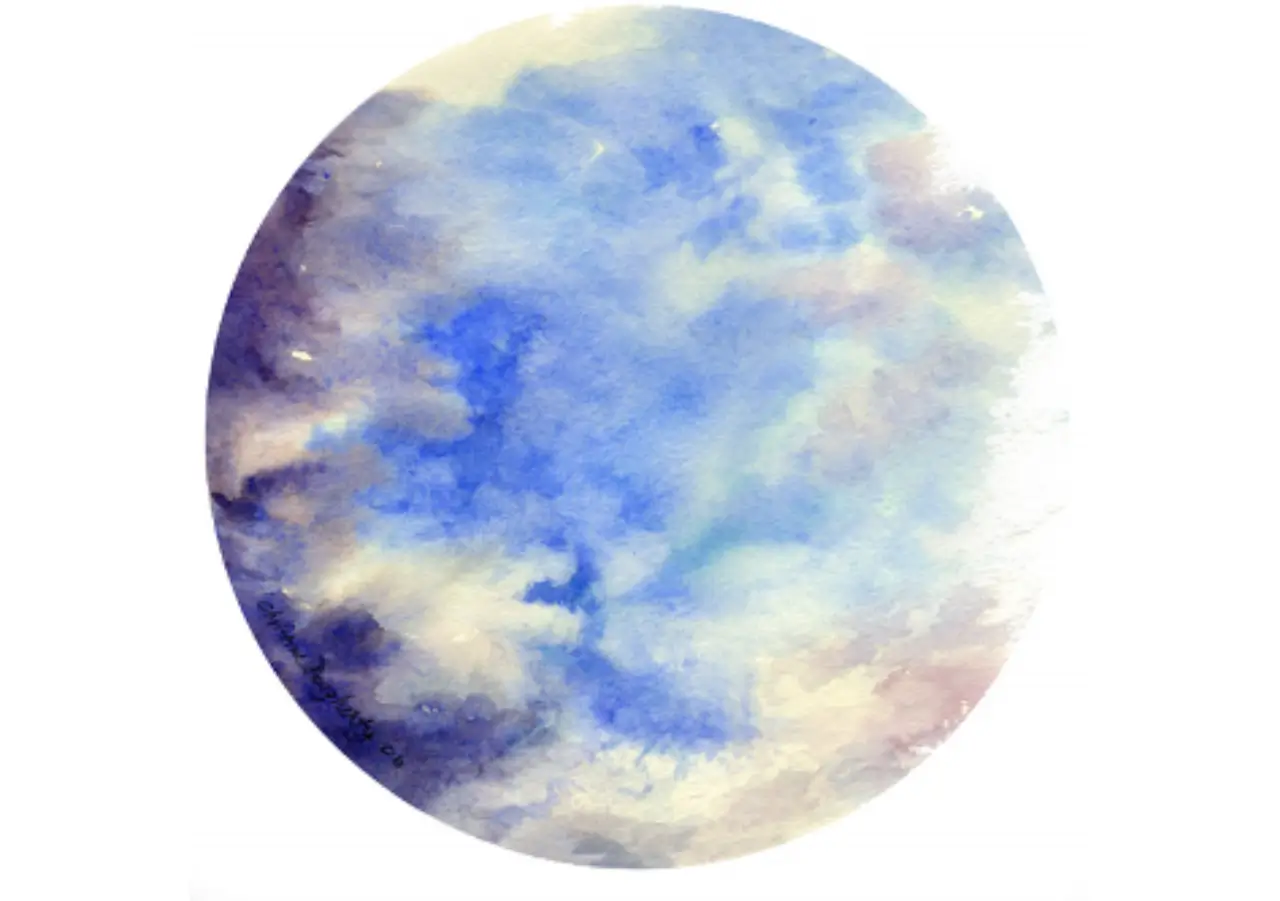 Watercolor circle with blue and purple hues.