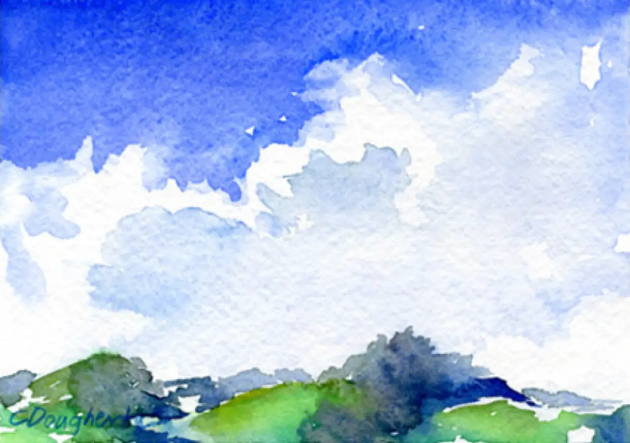 Watercolor landscape with blue sky, clouds.
