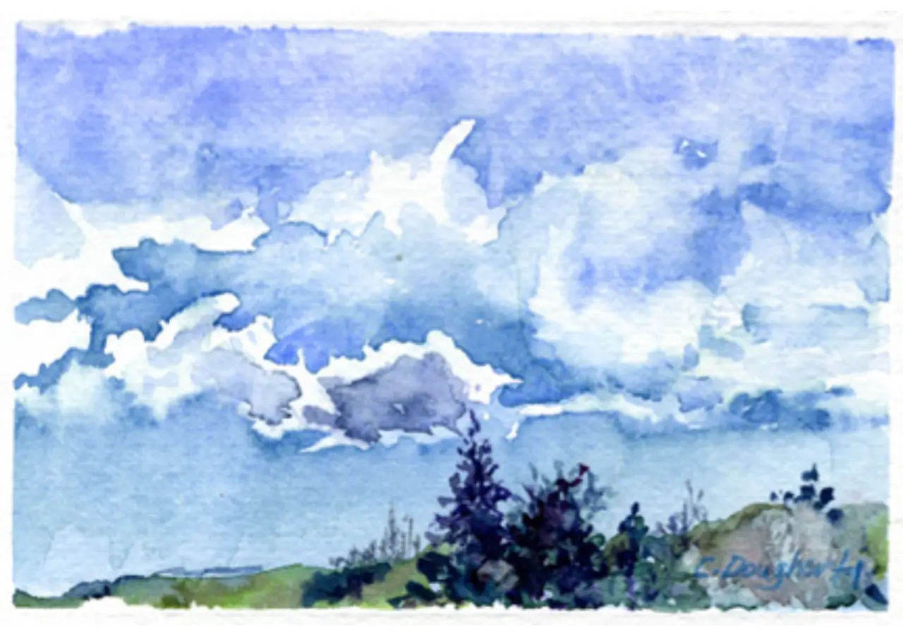 Watercolor painting of sky with clouds.