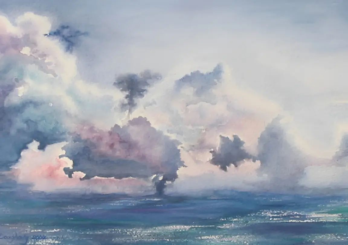 Serene watercolor painting of ocean and clouds.