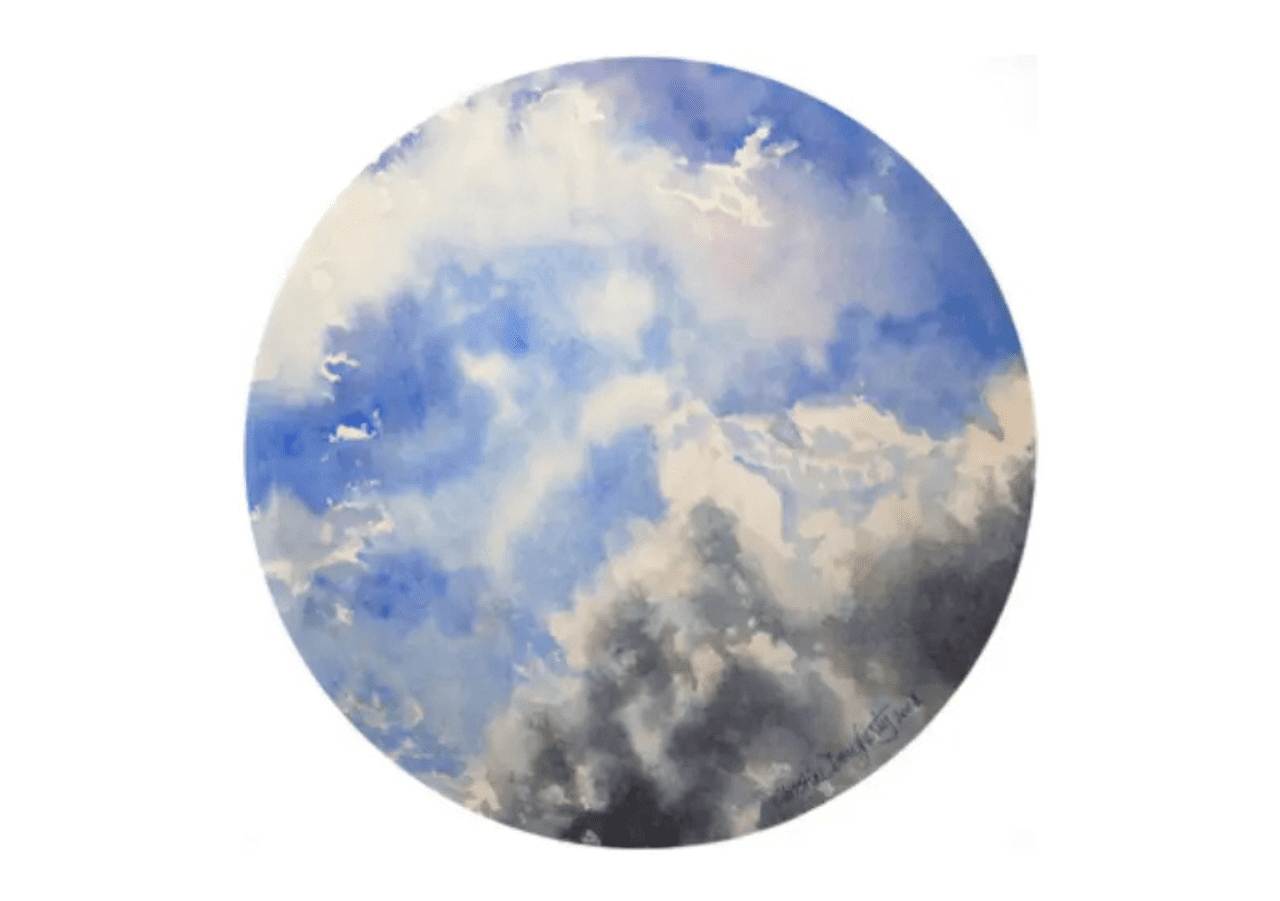 Circular sky painting with clouds and blue.